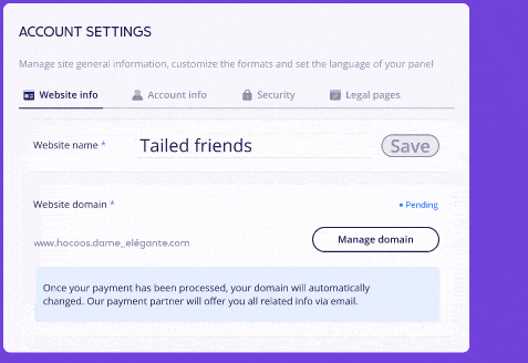 Un GIF de la configuración de la cuenta con una notificación de conexión de dominio exitosa