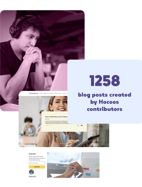 Un hombre con un portátil muestra que los colaboradores de Hocoos han creado 1258 entradas de blog