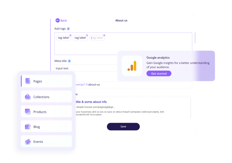 Sección de SEO fácil de administrar y configurar en el panel de control del creador de sitios web Hocoos AI