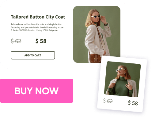 Exemplo de página de produto de e-commerce apresentando um 'Tailored Button City Coatʼ'.