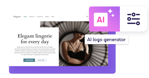 Exemplo de página inicial de uma boutique que oferece lingerie elegante. O website apresenta um design elegante com uma barra de navegação incluindo Home