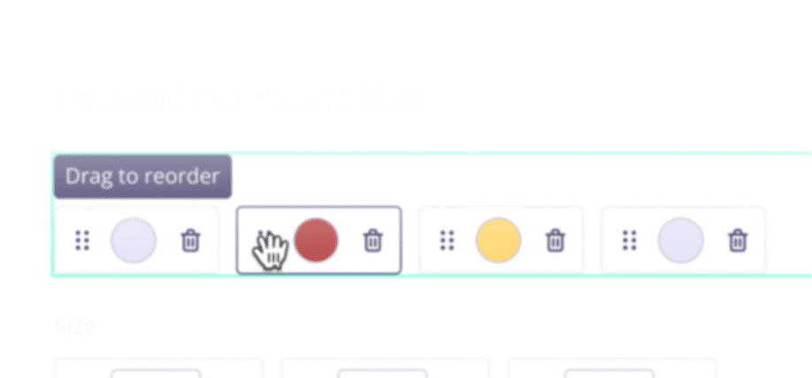 Interface do editor de opções de produtos de e-commerce com recurso "Arrastar para reordenar" e seleção de cores para itens