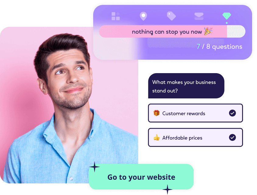 Engaging business quiz on a website with a man contemplating answers.