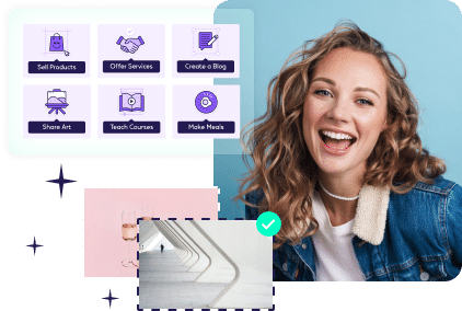 Cheerful lady beside options for e-commerce