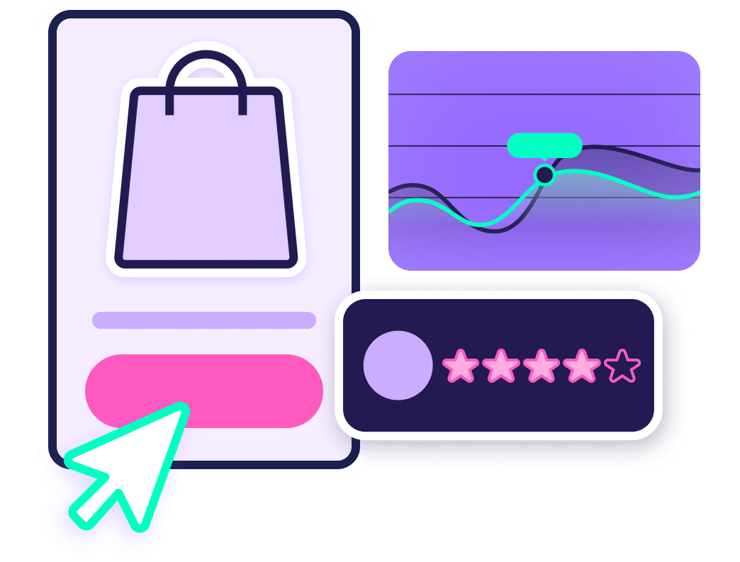 Un'icona a forma di carrello della spesa accompagnata da una stella e da una borsa della spesa, che illustra il potenziale di creare un negozio online.