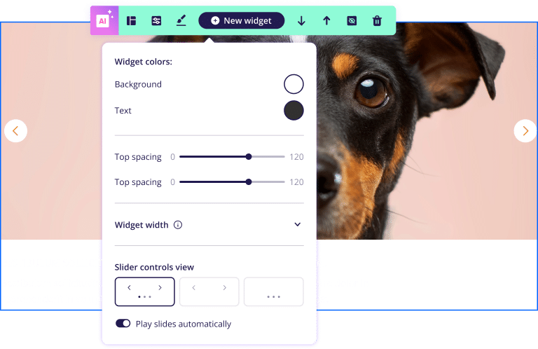 Interfaz de personalización de un creador de sitios web con un primer plano de la cara de un perro en un widget deslizante
