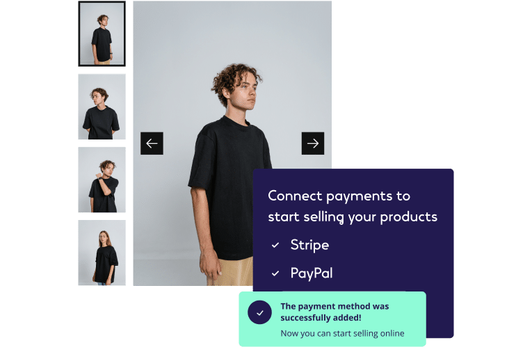 Página de configuración de la tienda en línea que muestra un carrusel de productos de ropa a la izquierda y una notificación a la derecha que indica que se agregaron correctamente Stripe y PayPal como métodos de pago