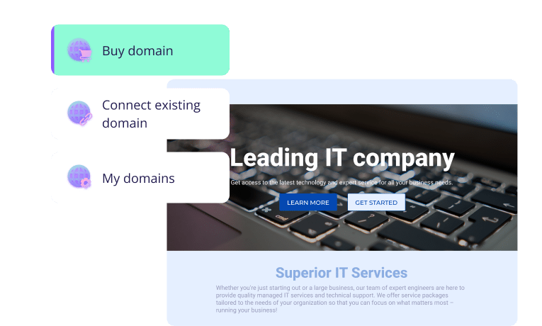 Interfaz de administración de dominios de sitios web con opciones para comprar