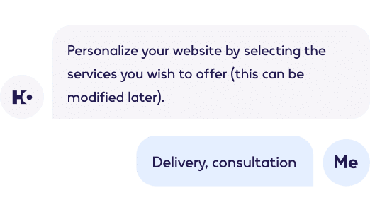Interfaz de personalización del sitio web con texto que invita a los usuarios a seleccionar servicios como entrega y consulta que desean ofrecer en su sitio