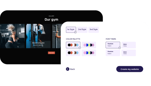 Herramienta de personalización del diseño del sitio web que muestra una vista previa de la galería de un sitio web de gimnasio a la izquierda